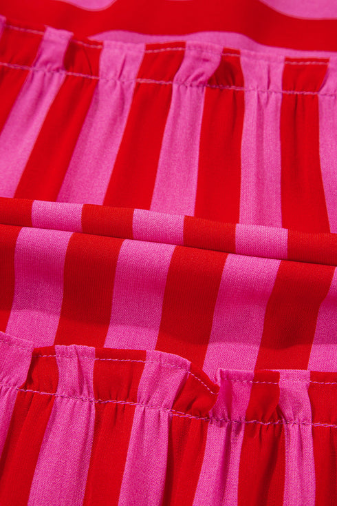 Charming Striped Flutter Sleeve Smocked Bodice Tiered Ricrac Trim Maxi Dress